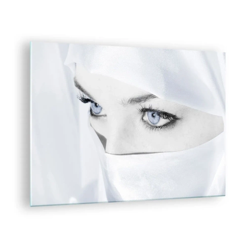 Tablou pe sticlă - Un portret subtil cu ochi albaștri expresivi - 70x50cm - Direct din o mie și una de nopți - Decorațiune modernă pentru perete pentru living și dormitor ARTTOR