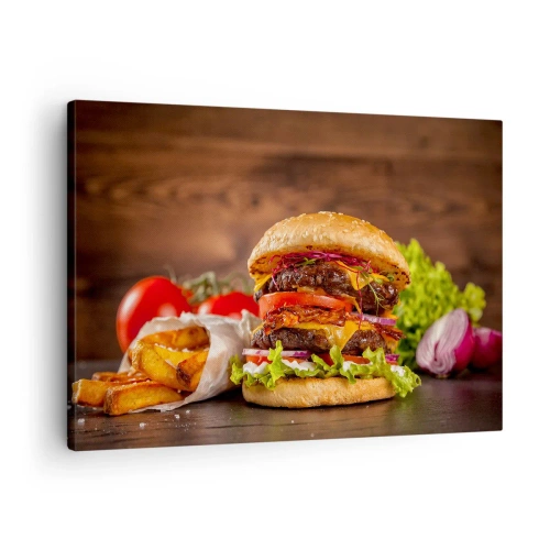 Tablou pe pânză Canvas - Burger apetisant cu extrasuri - 70x50cm - Fruct interzis - Decorațiune modernă pentru perete pentru living și dormitor ARTTOR