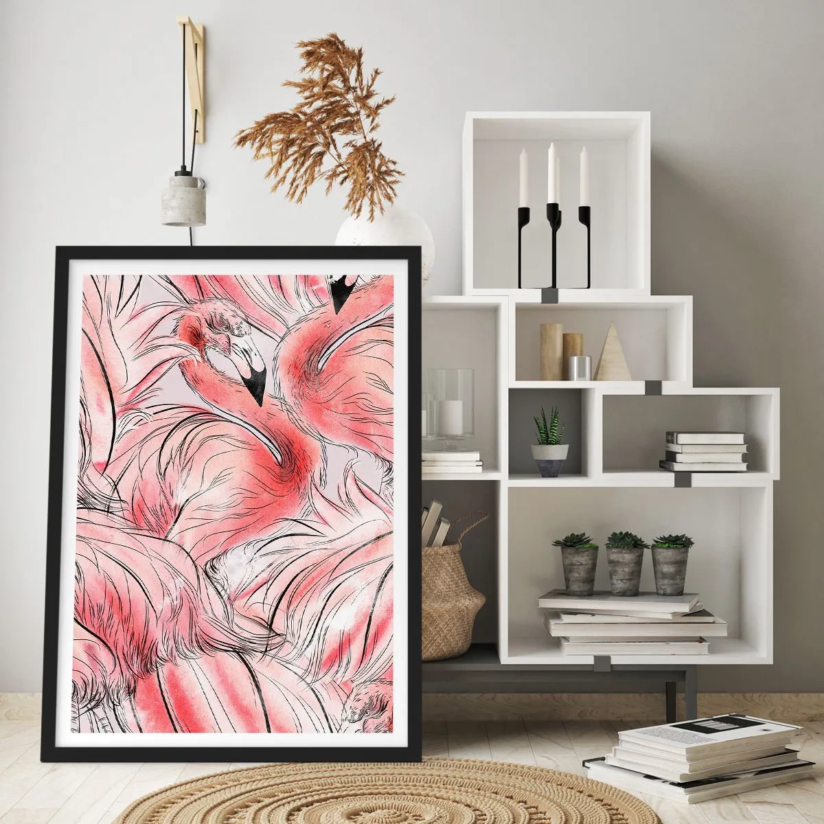 Poster în ramă neagră - Un model subtil de flamingo în nuanțe de roz - 50x70cm - Corpul de balet al păsărilor - Decorațiune modernă pentru perete pentru living și dormitor ARTTOR
