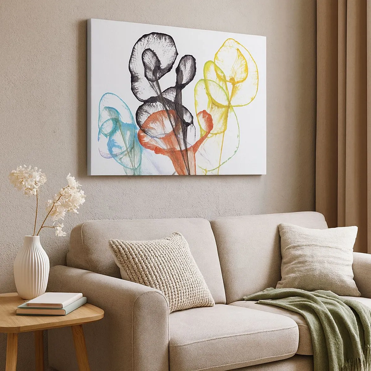 Tablou pe pânză Canvas - Flori transparente colorate pe fundal alb - 70x50cm - Flori cu suflete - Decorațiune modernă pentru perete pentru living și dormitor ARTTOR