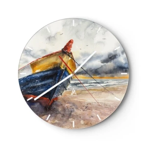 Ceas de perete - Ceas pe sticlă - O barcă colorată pe o plajă cu nisip, într-un stil pictural - 30x30cm - Se odihnește pe țărm - Decorațiune modernă pentru perete pentru living, bucătărie și dormitor ARTTOR