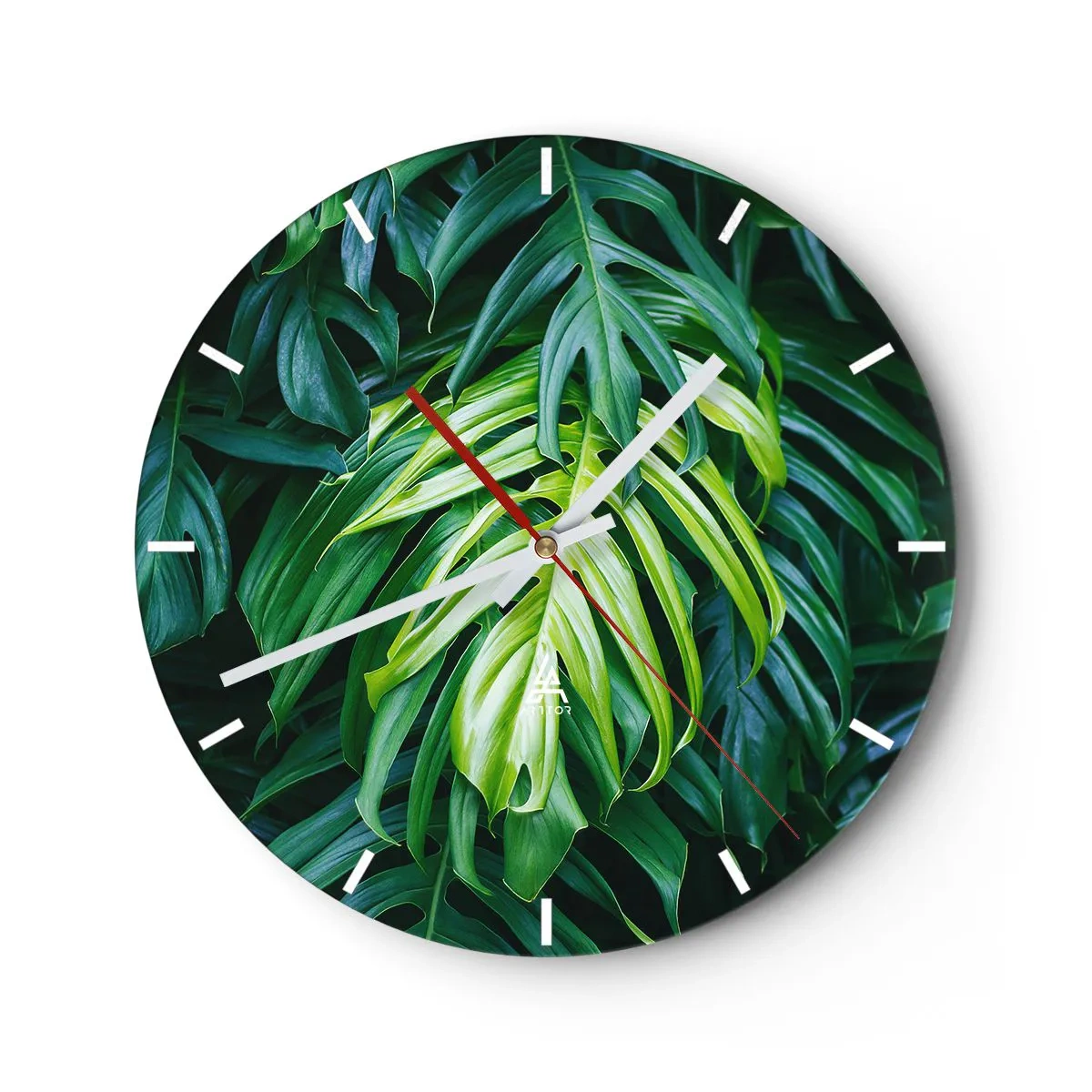 Ceas de perete - Ceas pe sticlă - Frunze verzi într-un cadru natural - 30x30cm - Scufundă-te în prospețime - Decorațiune modernă pentru perete pentru living, bucătărie și dormitor ARTTOR