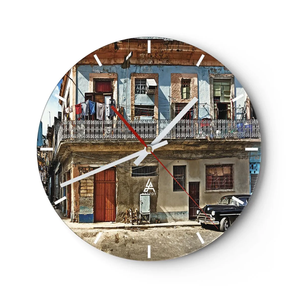 Ceas de perete - Ceas pe sticlă - Fațada colorată a unei clădiri vechi, cu balcon și spălătorie - 30x30cm - Sentimente cubaneze - Decorațiune modernă pentru perete pentru living, bucătărie și dormitor ARTTOR