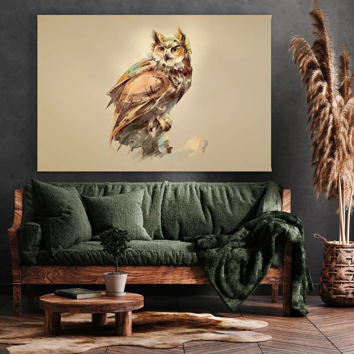 Tablou pe pânză Canvas - Portret artistic al unei bufnițe pe un fundal deschis în nuanțe calde. - 70x50cm - Cea mai inteligentă bufniță - confirmă stejarul - Decorațiune modernă pentru perete pentru living și dormitor ARTTOR