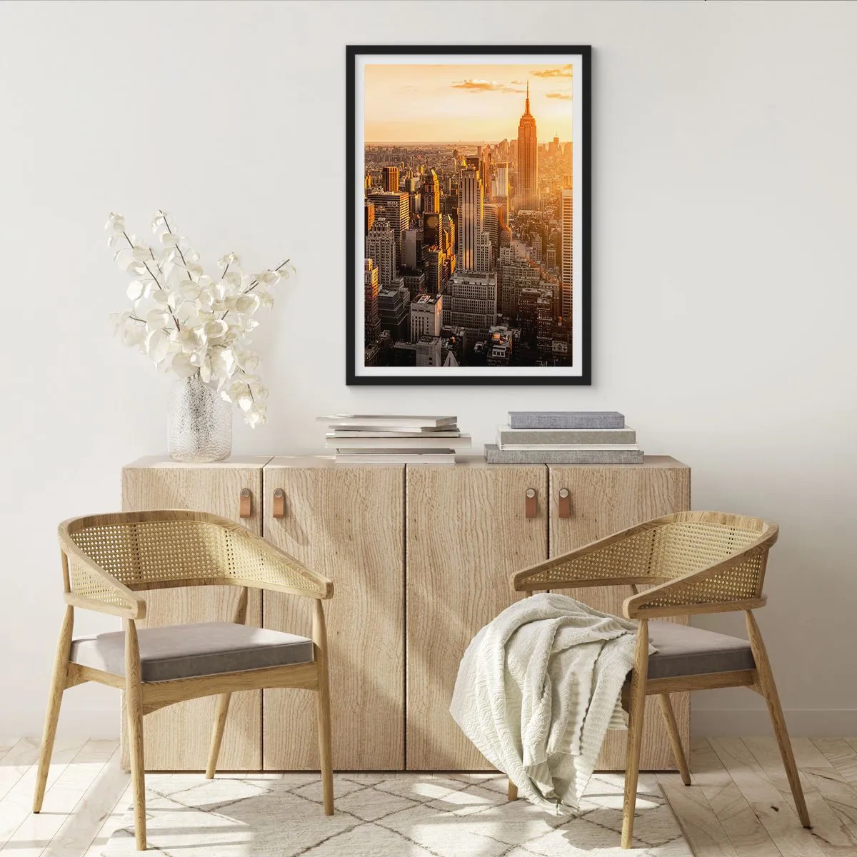 Poster în ramă neagră - Orizontul Manhattanului la apus de soare de pe Empire State Building - 50x70cm - Crescând la soare - Decorațiune modernă pentru perete pentru living și dormitor ARTTOR