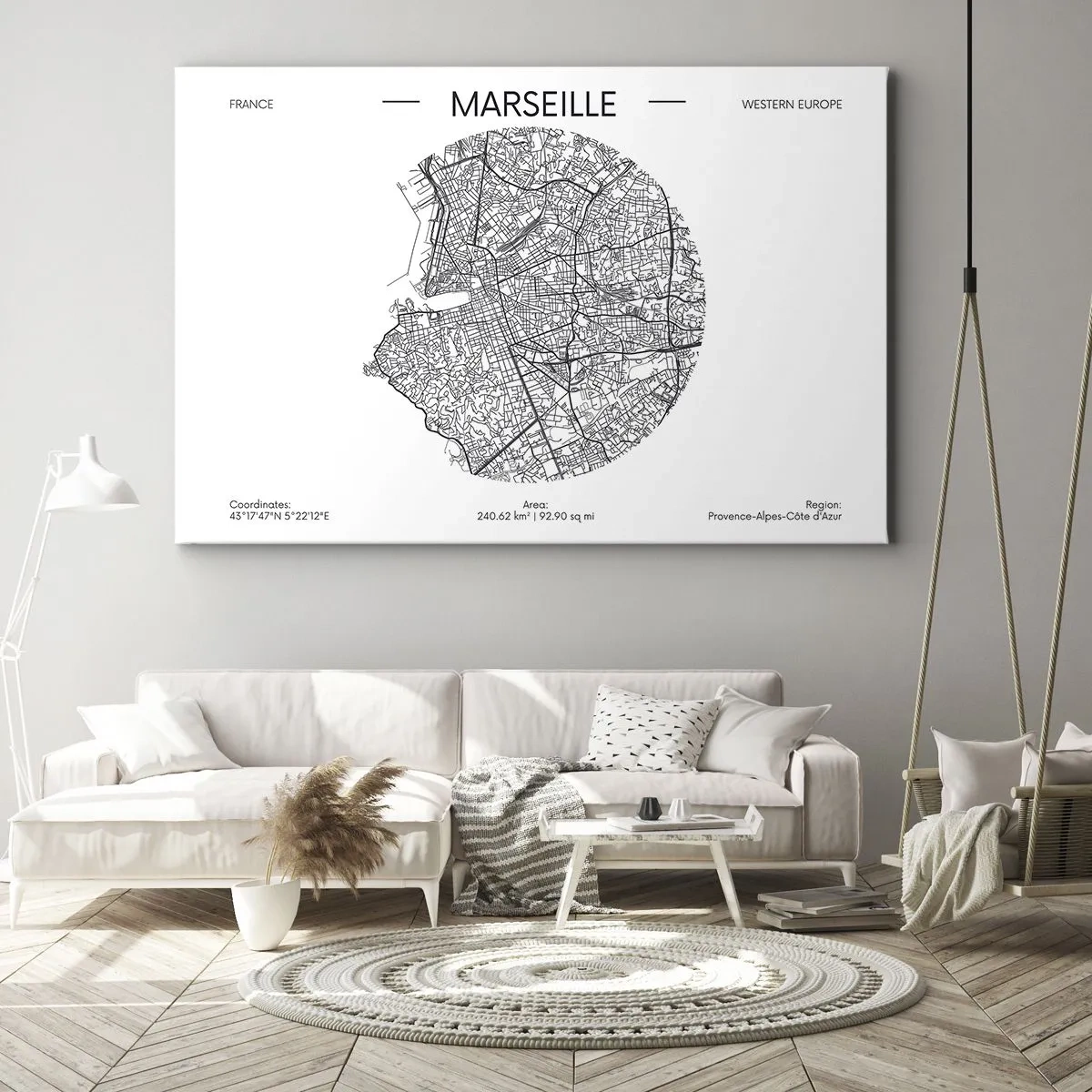 Tablou pe pânză Canvas - Hartă a Marsiliei într-un stil minimalist - 70x50cm - Anatomia Marsiliei - Decorațiune modernă pentru perete pentru living și dormitor ARTTOR