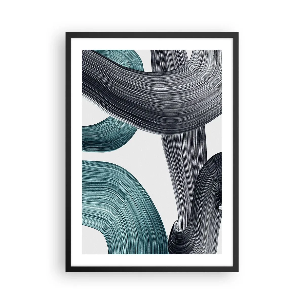 Poster în ramă neagră - Tușe dinamice de pensulă - 50x70cm - Trasee de smarald și negru - Decorațiune modernă pentru perete pentru living și dormitor ARTTOR