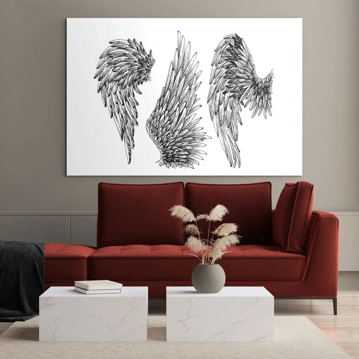 Tablou pe sticlă - Aripi de înger în grafică artistică alb-negru - 70x50cm - Și tu poți fi un înger - Decorațiune modernă pentru perete pentru living și dormitor ARTTOR