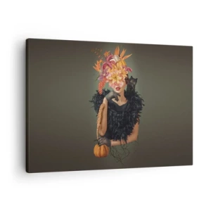 Tablou pe pânză Canvas - Portret de femeie cu motive de toamnă și o pisică - 70x50cm - Magia vrăjitoarei - Decorațiune modernă pentru perete pentru living și dormitor ARTTOR