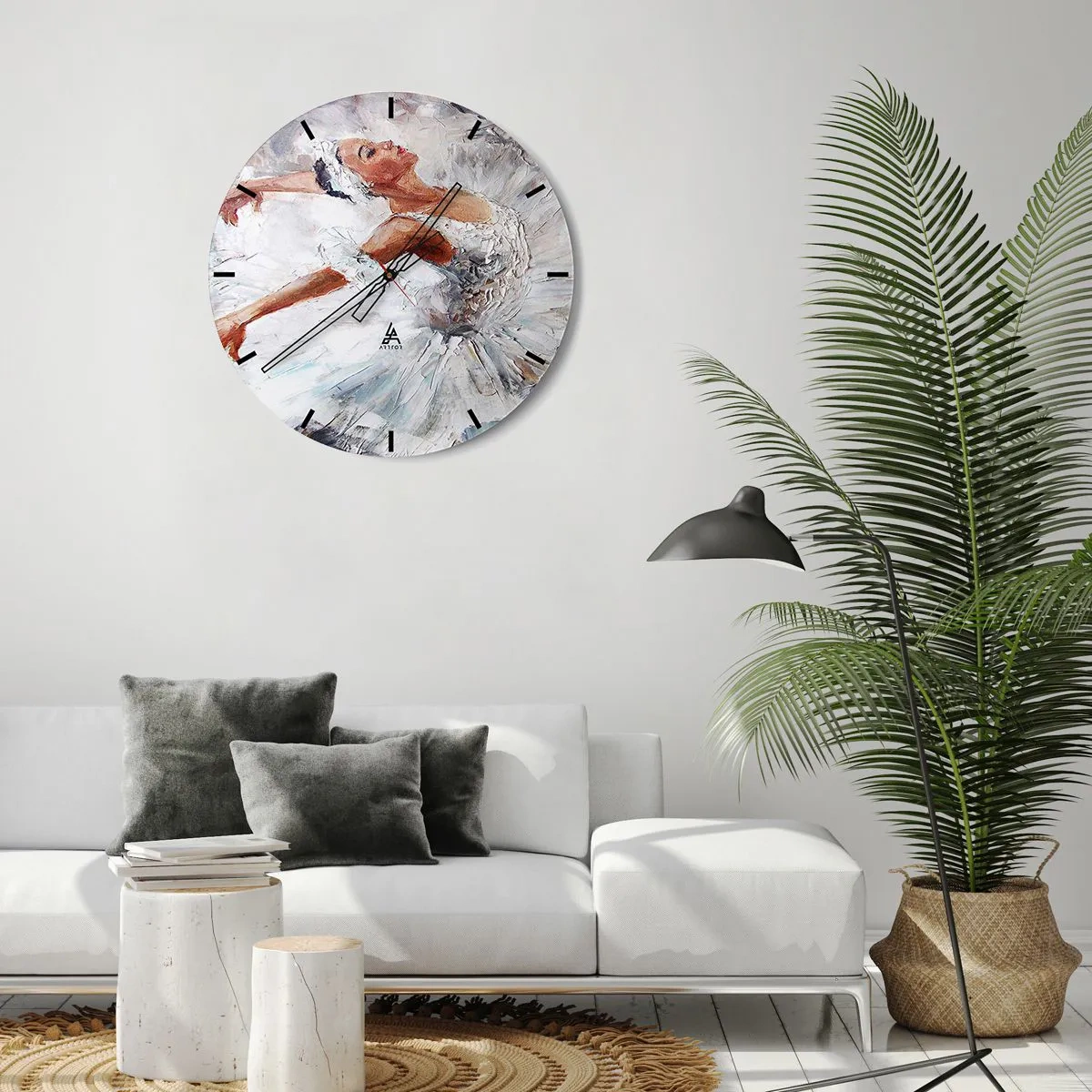 Ceas de perete - Ceas pe sticlă - O balerină într-o rochie albă în stil impresionist - 30x30cm - Moale și ușoară ca tulul - Decorațiune modernă pentru perete pentru living, bucătărie și dormitor ARTTOR
