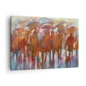 Tablou pe pânză Canvas - O mulțime de oameni cu umbrele într-un decor artistic ploios - 70x50cm - Egali în ploaie și ceață - Decorațiune modernă pentru perete pentru living și dormitor ARTTOR