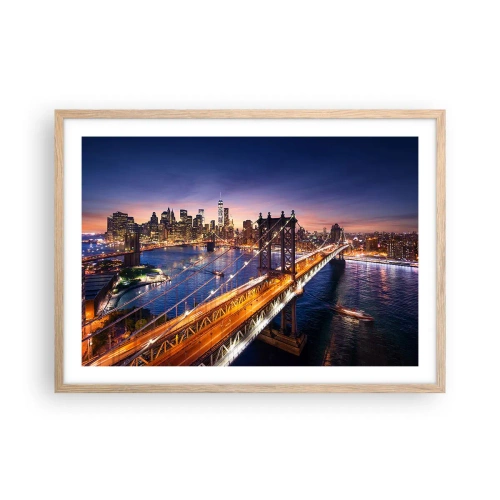 Poster în ramă de stejar deschis - Pe un pod luminos către inima orașului - 70x50 cm