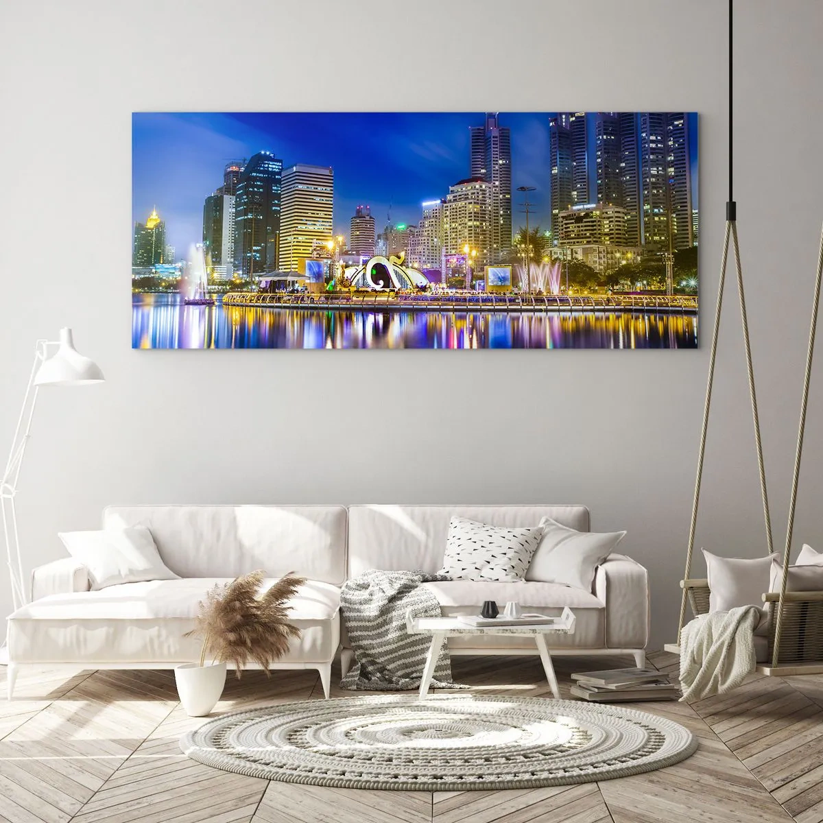 Tablou pe sticlă - Noaptea de curcubeu a metropolei - 90x30 cm