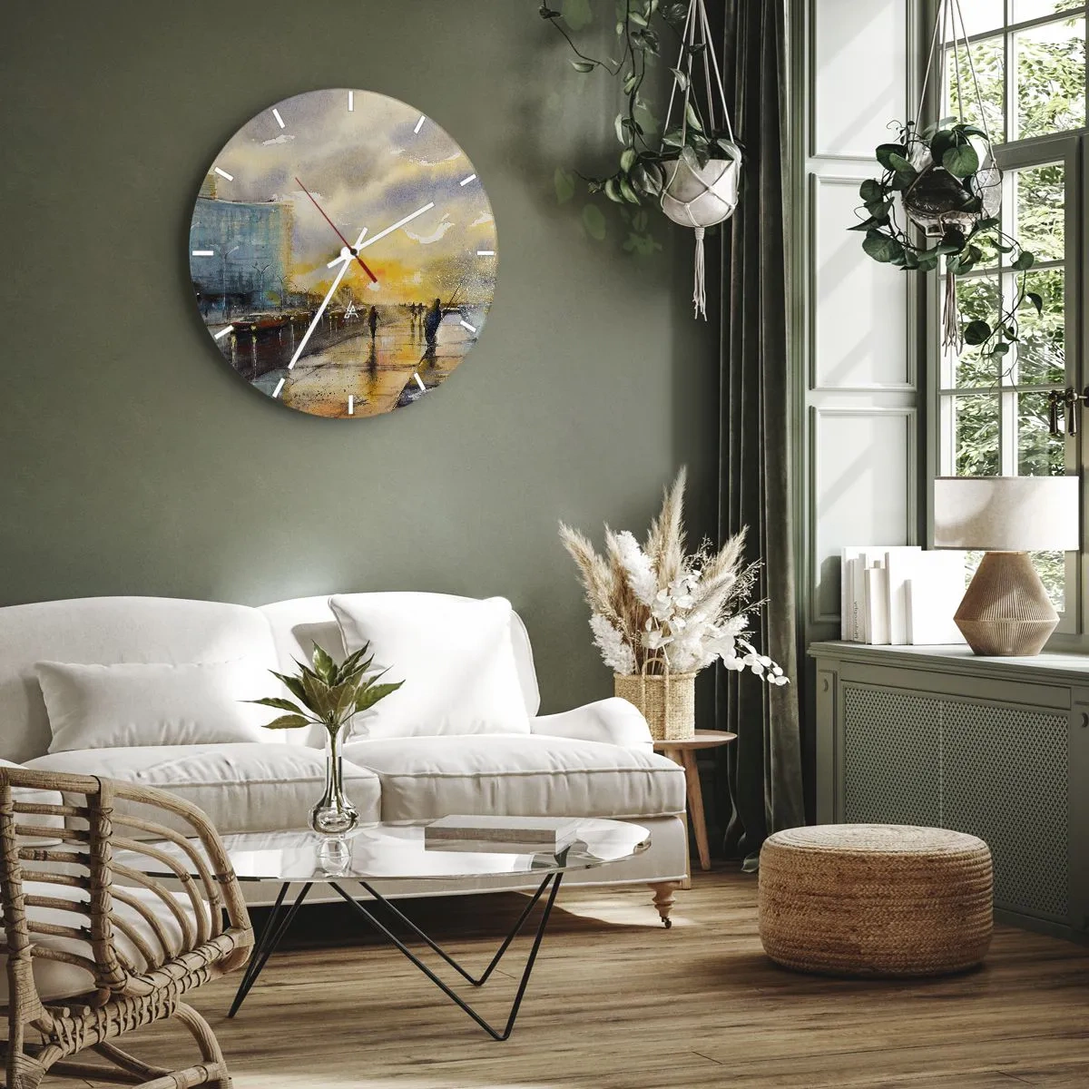 Ceas de perete - Ceas pe sticlă - O plimbare de-a lungul promenadei de pe malul mării la amurg - 30x30cm - Viața pe țărm - Decorațiune modernă pentru perete pentru living, bucătărie și dormitor ARTTOR