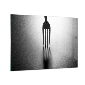 Tablou pe sticlă - O furculiță care aruncă o umbră într-o compoziție minimalistă alb-negru - 70x50cm - Lumină și umbră - Decorațiune modernă pentru perete pentru living și dormitor ARTTOR