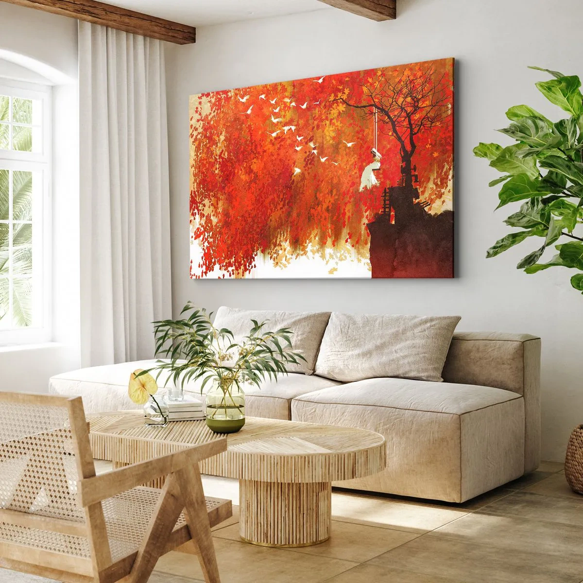 Tablou pe pânză Canvas - O figură pe un leagăn lângă un copac înconjurată de frunze roșii - 70x50cm - Va zbura cu ei? - Decorațiune modernă pentru perete pentru living și dormitor ARTTOR
