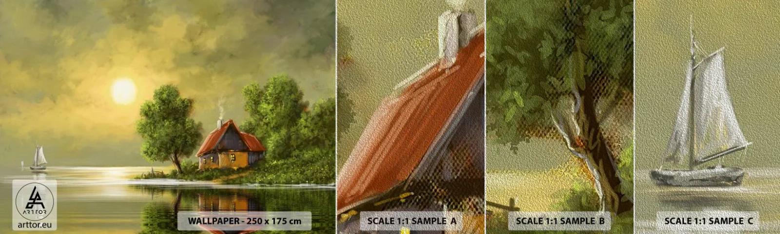 Mostră tapet Premium Sand - Frumos, ca dintr-o imagine - Peisaj, Casa la tara, Barcă cu pânze - 100x30 cm