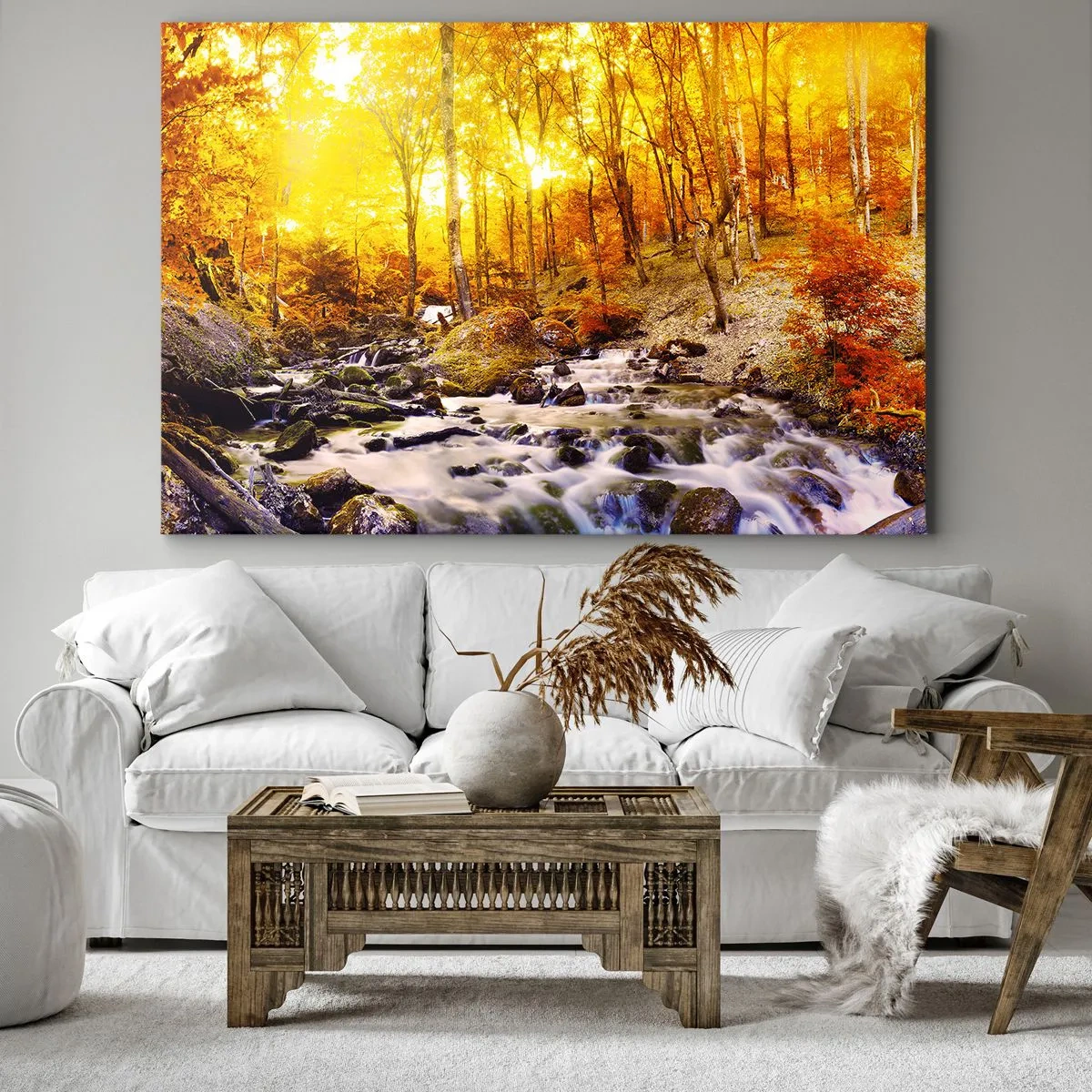 Tablou pe pânză Canvas - Pădure de toamnă cu un pârâu printre frunze aurii - 70x50cm - Pietre montate în aur și platină - Decorațiune modernă pentru perete pentru living și dormitor ARTTOR