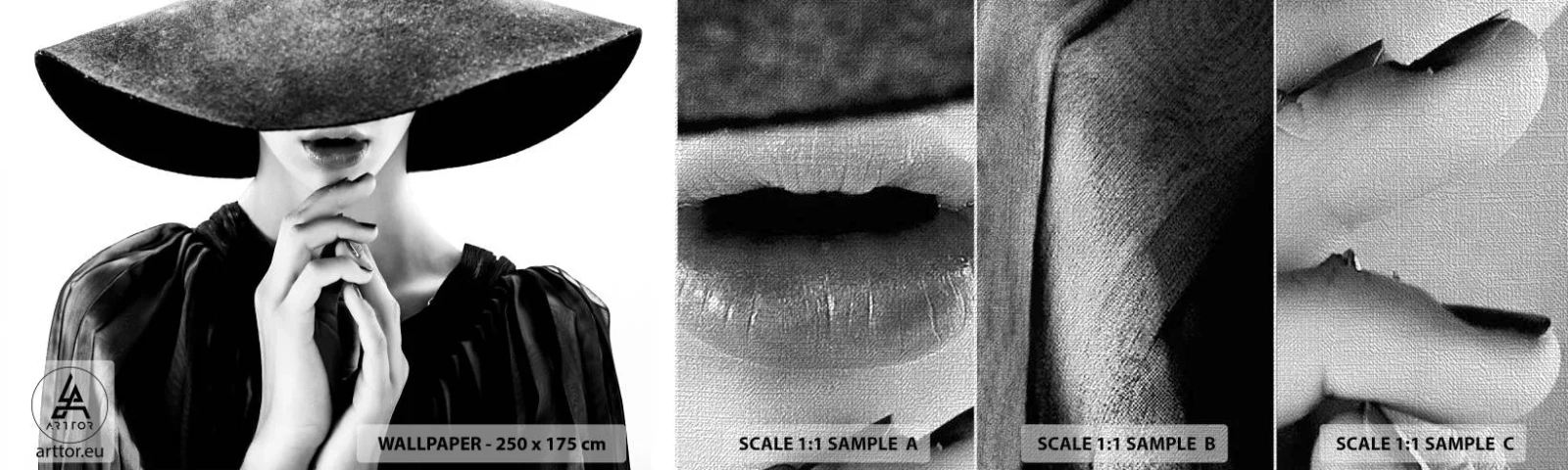 Mostră tapet Premium Canvas - Frumusețea ascunsă - Femeie În pălărie, Mâinile femeilor, Modă - 100x30 cm