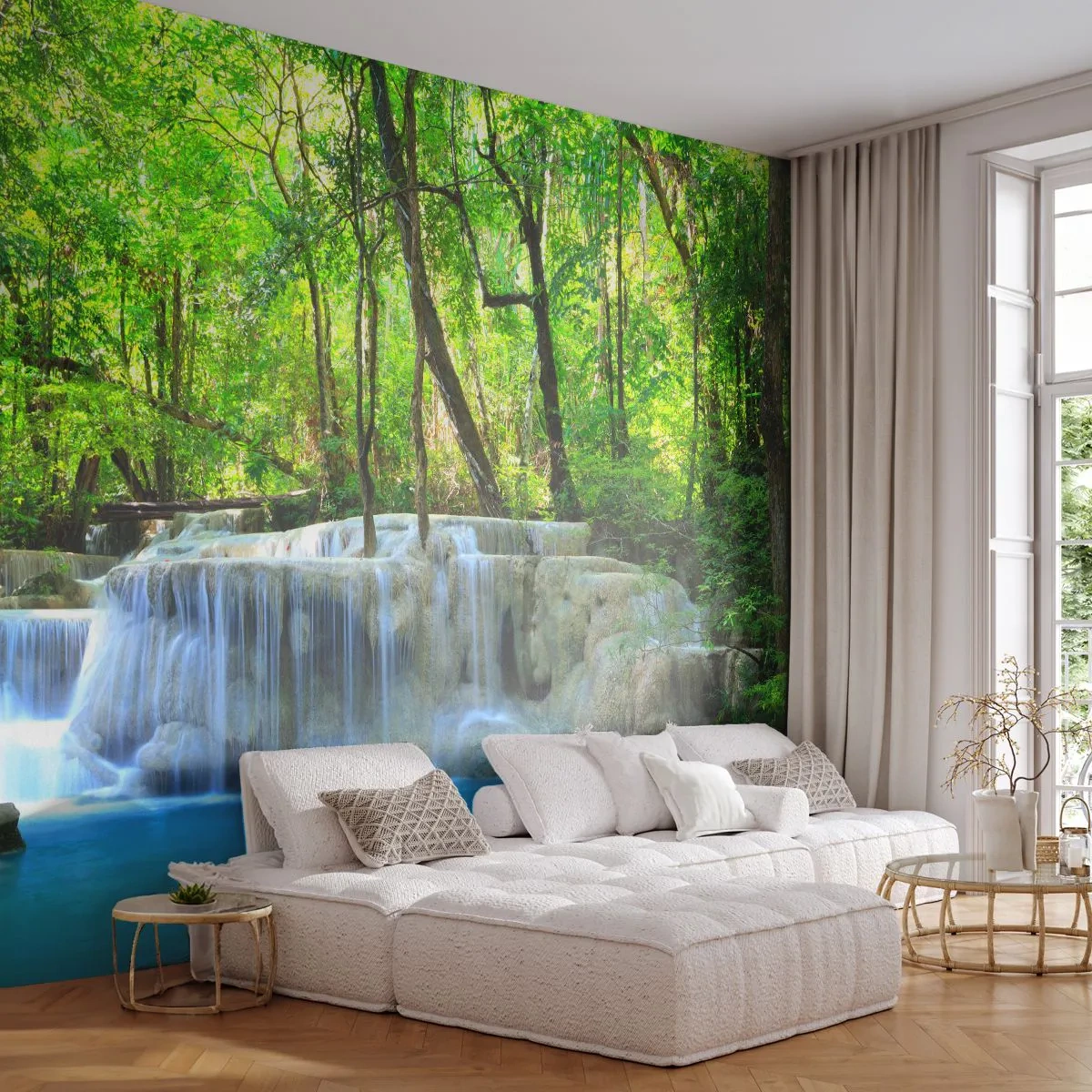 Tapet Premium Canvas - Scufundat în turcoaz și verde - Peisaj, Cascadă, Cascadă - 350x256 cm