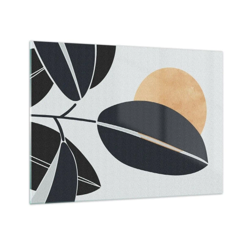 Tablou pe sticlă - Frunze stilizate în negru cu un soare portocaliu în fundal - 70x50cm - Ziua unei veri fierbinți - Decorațiune modernă pentru perete pentru living și dormitor ARTTOR