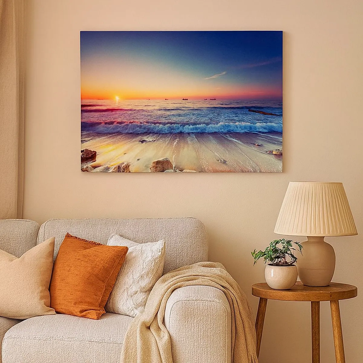 Tablou pe pânză Canvas - Apus de soare peste o mare calmă cu valuri - 70x50cm - Și ce este dincolo de orizont? - Decorațiune modernă pentru perete pentru living și dormitor ARTTOR