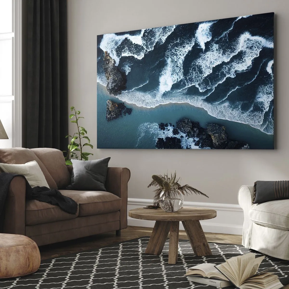 Tablou pe pânză Canvas - Vedere aeriană a valurilor care se sparg pe țărm - 70x50cm - Înfășurate în valuri - Decorațiune modernă pentru perete pentru living și dormitor ARTTOR