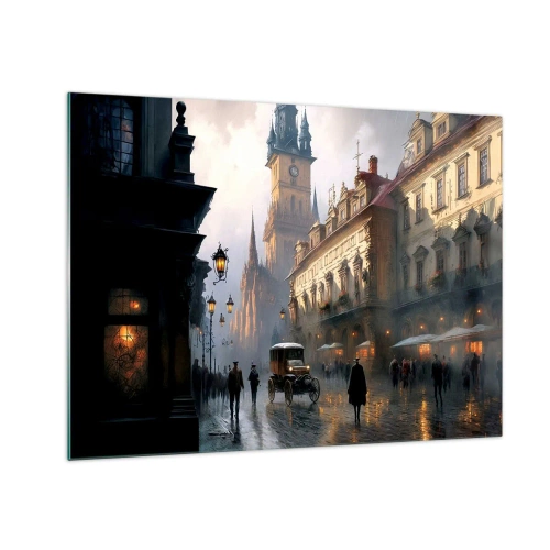 Tablou pe sticlă - O stradă istorică luminată de felinare la amurg - 70x50cm - Magia unei seri la Praga - Decorațiune modernă pentru perete pentru living și dormitor ARTTOR