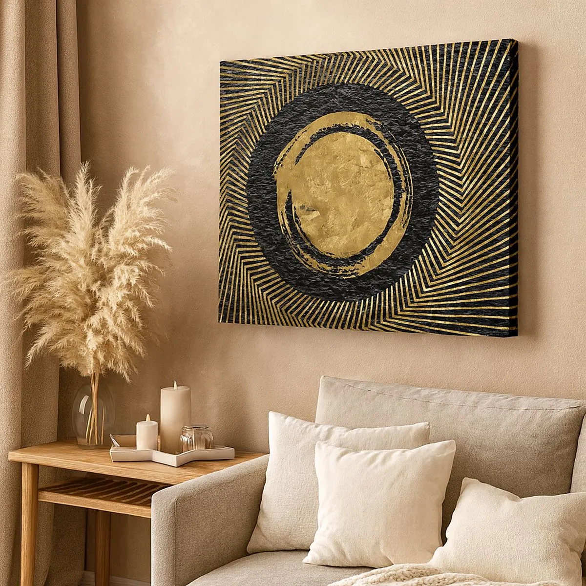Tablou pe pânză Canvas - Compoziție geometrică în negru și auriu cu raze - 70x50cm - Compoziție glamour - Decorațiune modernă pentru perete pentru living și dormitor ARTTOR