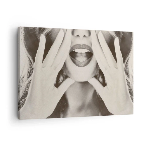 Tablou pe pânză Canvas - Portret alb-negru al unei femei cu buze și mâini expresive - 70x50cm - Vin imediat! - Decorațiune modernă pentru perete pentru living și dormitor ARTTOR