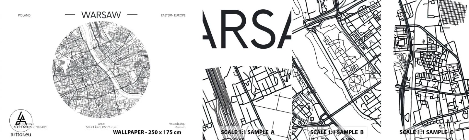 Mostră tapet autocolant Deluxe Sticker - Anatomia Varșoviei - Hartă, Varşovia, Polonia - 100x30 cm