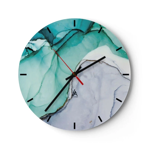Ceas de perete - Ceas pe sticlă - O formă abstractă în turcoaz și gri, care seamănă cu piatra. - 30x30cm - Studiu în turcoaz - Decorațiune modernă pentru perete pentru living, bucătărie și dormitor ARTTOR