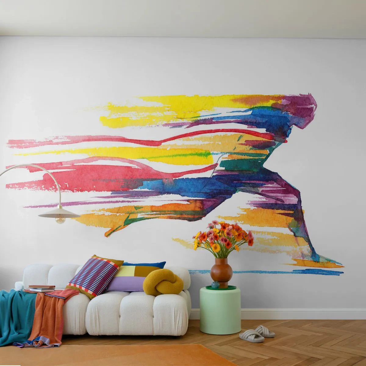Tapet Standard Eco - Siluetă de alergare într-un stil acuarelă colorat - 100x70cm - Alergând peste curcubeu - Decorațiune modernă pentru perete pentru living și dormitor ARTTOR