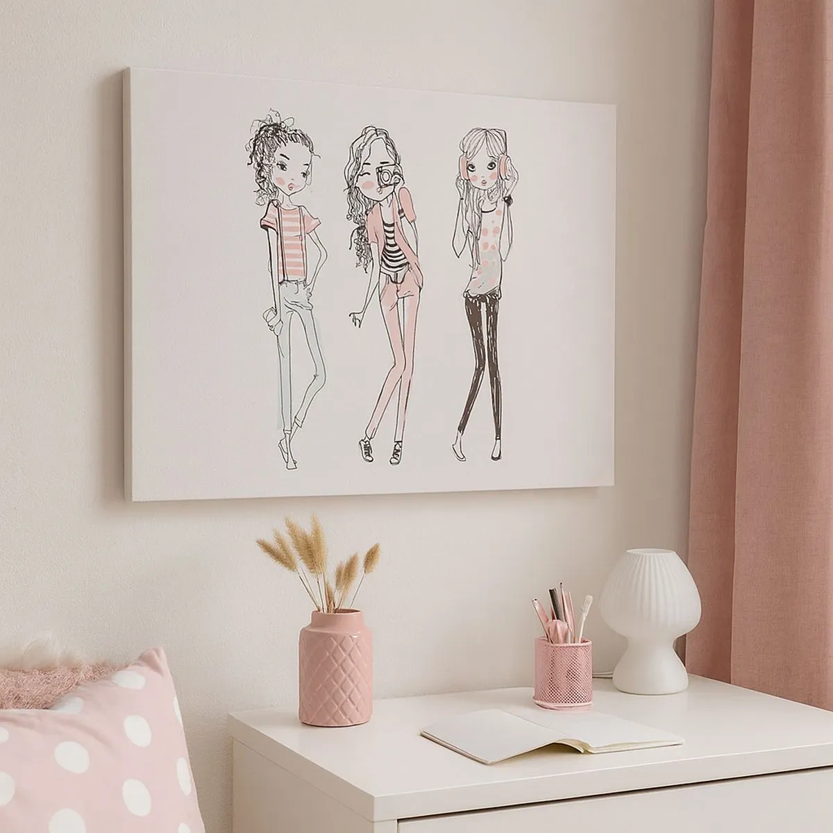 Tablou pe pânză Canvas - Ilustrație a fetelor la modă în culori pastelate - 70x50cm - Hai la distracție - Decorațiune modernă pentru perete pentru living și dormitor ARTTOR