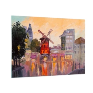 Tablou pe sticlă - Moara de vânt roșie a Moulin Rouge printre casele de locuit pariziene - 70x50cm - Icoane pariziene - Moulin Rouge - Decorațiune modernă pentru perete pentru living și dormitor ARTTOR