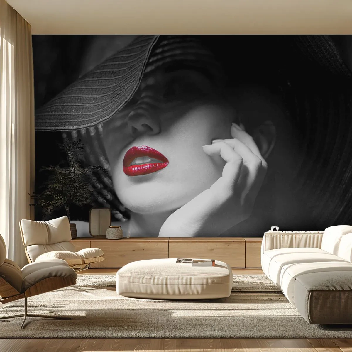 Tapet Premium Sand - Studiu în stacojiu - Femeie, buze rosii, Modă - 100x70 cm