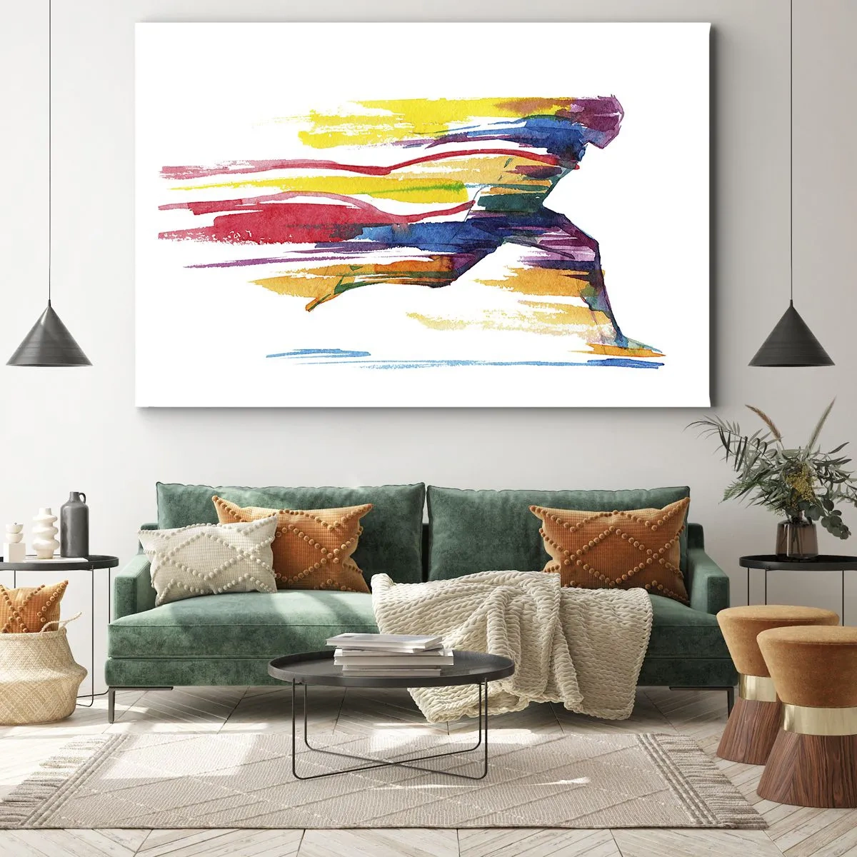Tablou pe pânză Canvas - Un alergător în culori abstracte care simbolizează dinamismul și energia - 70x50cm - Alergând peste curcubeu - Decorațiune modernă pentru perete pentru living și dormitor ARTTOR