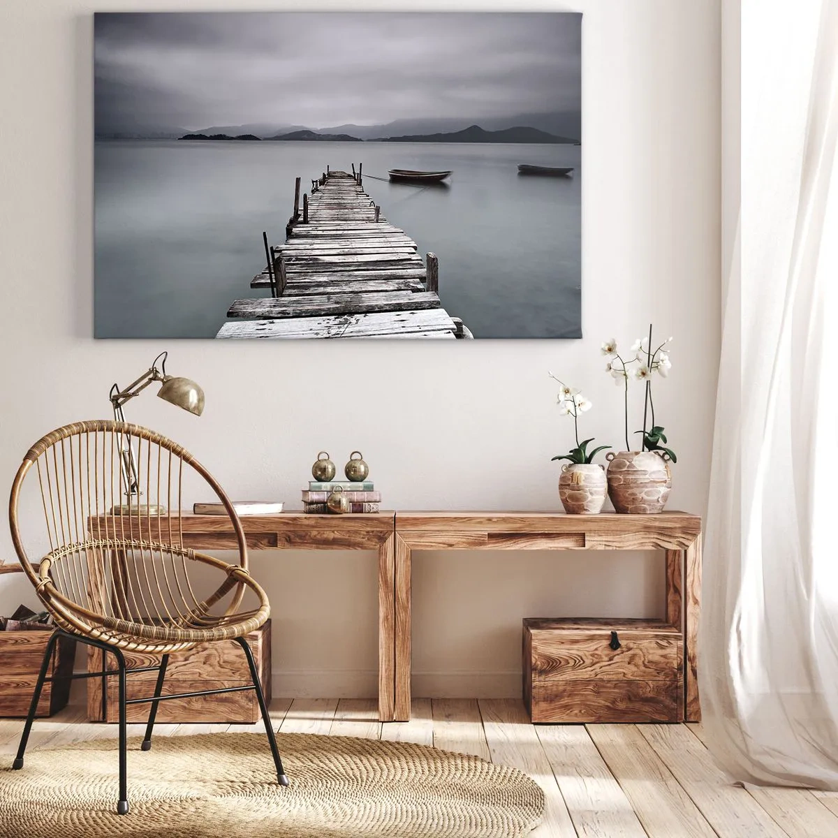 Tablou pe pânză Canvas - Un pod de lemn care duce la suprafața calmă a lacului - 70x50cm - Poți pleca mâine - Decorațiune modernă pentru perete pentru living și dormitor ARTTOR
