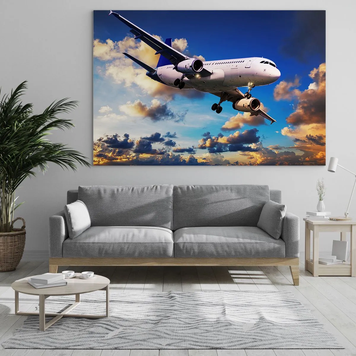 Tablou pe sticlă - Un avion în zbor pe un cer pitoresc - 70x50cm - Călătorie în alb și albastru - Decorațiune modernă pentru perete pentru living și dormitor ARTTOR