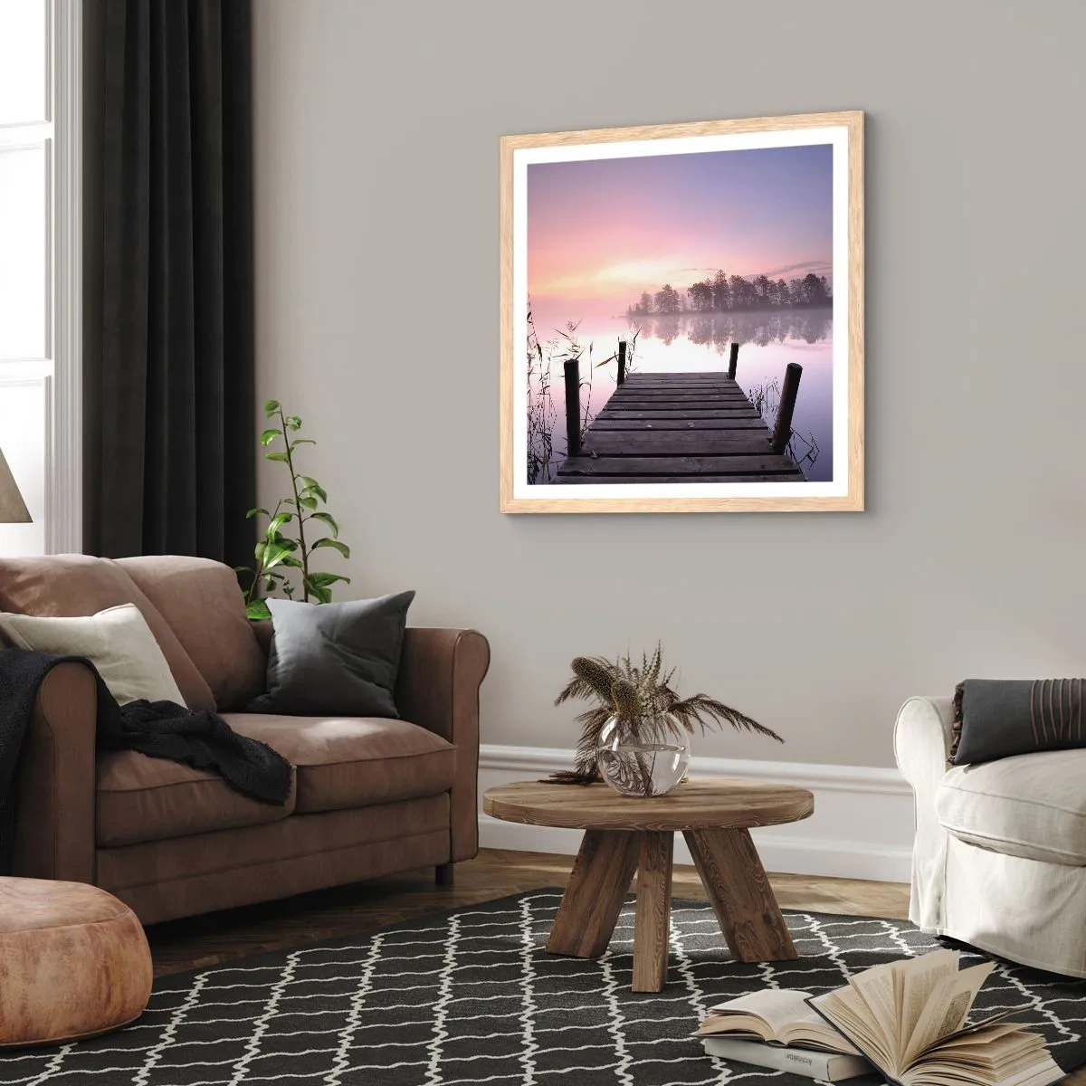 Poster în ramă de stejar deschis - Din ceața de liliac... - 40x40 cm