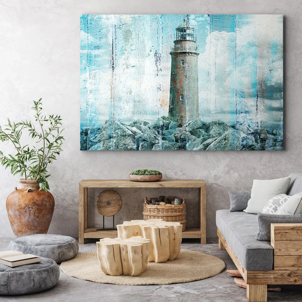 Tablou pe pânză Canvas - Un far pe o coastă stâncoasă în culori pastelate - 70x50cm - Pe lemn vechi - Decorațiune modernă pentru perete pentru living și dormitor ARTTOR