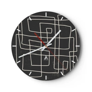 Ceas de perete - Ceas pe sticlă - Linii geometrice albe care formează o grilă complexă pe un fundal negru. - 30x30cm - Nu atât de simplu - Decorațiune modernă pentru perete pentru living, bucătărie și dormitor ARTTOR