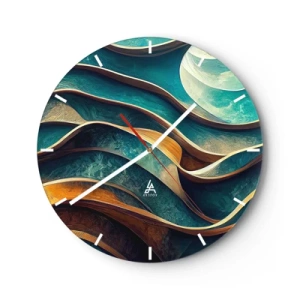 Ceas de perete - Ceas pe sticlă - Valuri abstracte de albastru și maro cu efect 3D - 30x30cm - Meandre de albastru - Decorațiune modernă pentru perete pentru living, bucătărie și dormitor ARTTOR
