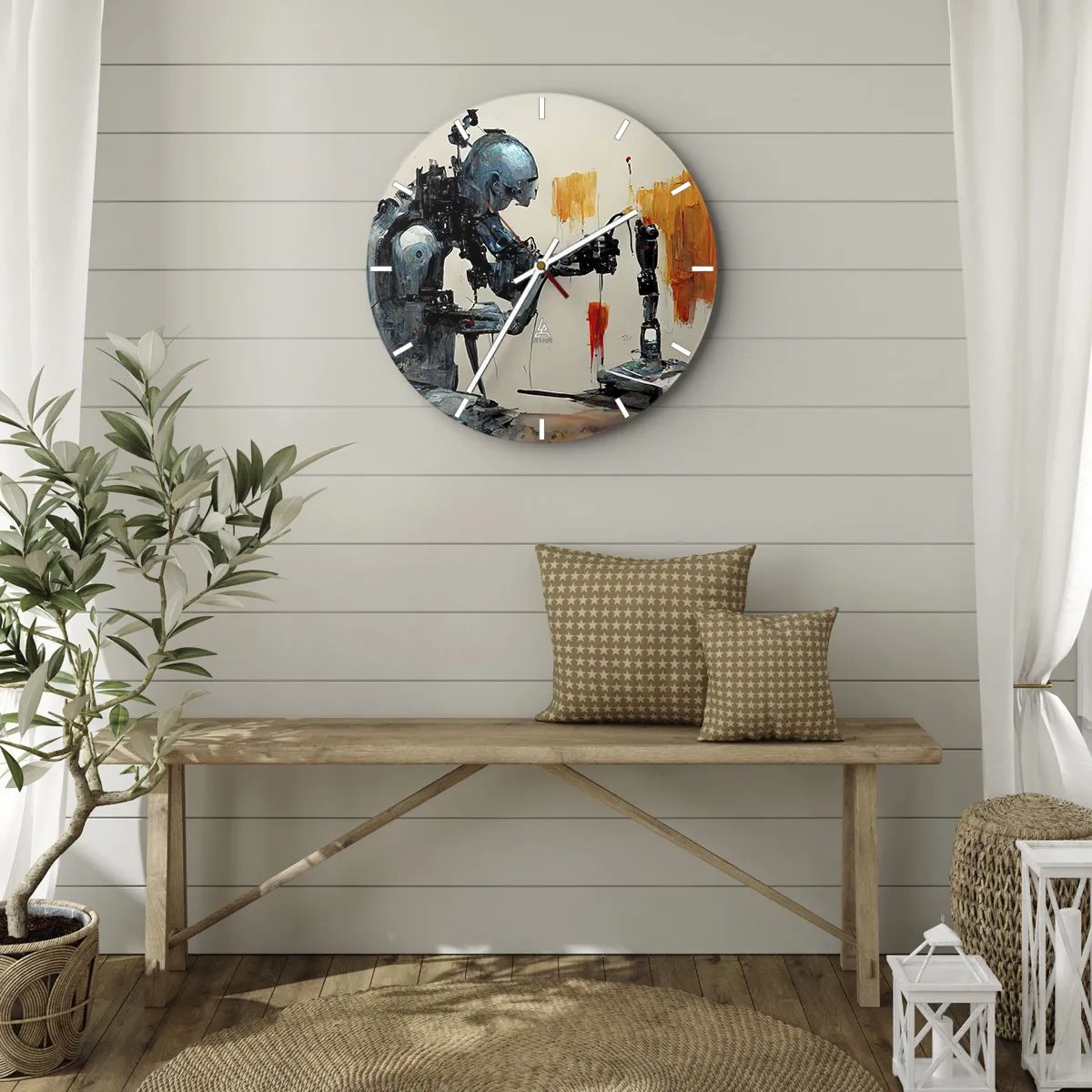 Ceas de perete - Ceas pe sticlă - Robot umanoid care asamblează un membru artificial - 30x30cm - Vine ziua de mâine..... - Decorațiune modernă pentru perete pentru living, bucătărie și dormitor ARTTOR