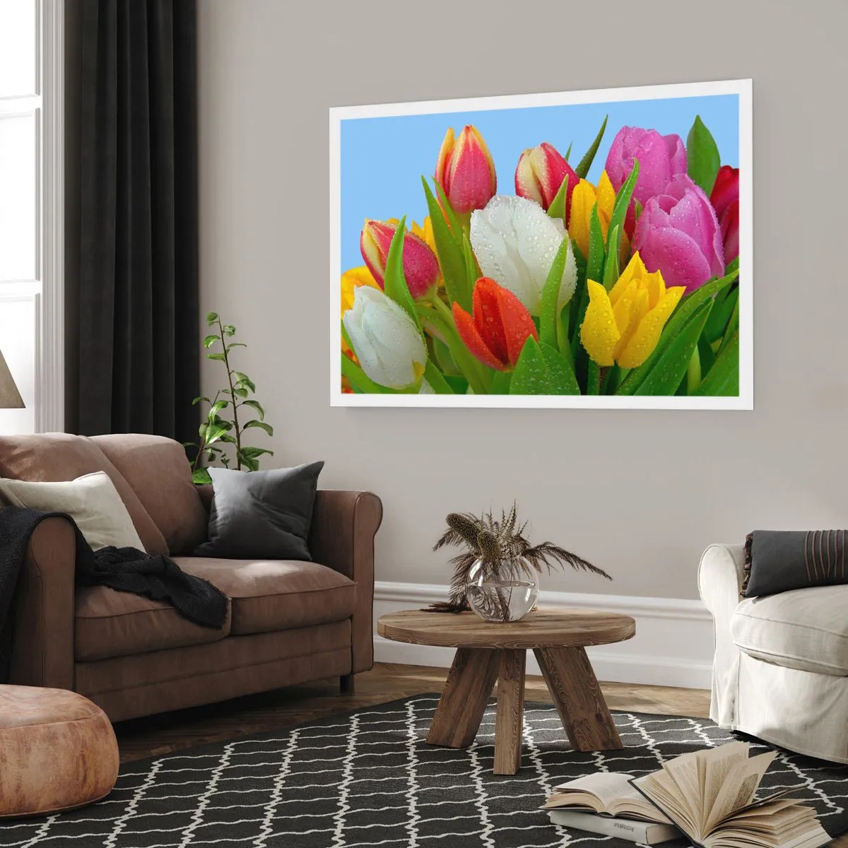 Poster - Un curcubeu floral în picături de rouă - 100x70 cm