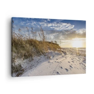 Tablou pe pânză Canvas - Dune cu iarbă și urme de pași în nisip la apus - 70x50cm - Invitație la o plimbare - Decorațiune modernă pentru perete pentru living și dormitor ARTTOR