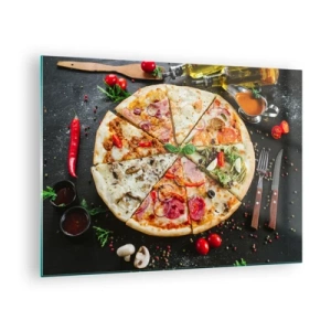 Tablou pe sticlă - Pizza în diverse arome cu toppinguri pe un fundal închis - 70x50cm - Un evantai de arome - Decorațiune modernă pentru perete pentru living și dormitor ARTTOR