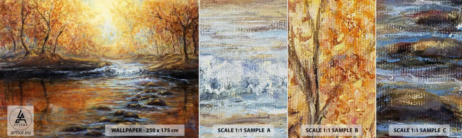 Mostră tapet Premium Canvas - Pârâul de aur - Peisaj, pârâu de munte, pădure - 100x30 cm