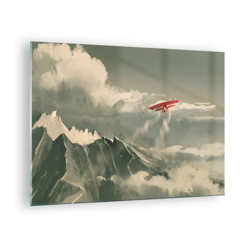 Tablou pe sticlă - Un avion roșu zboară peste munți acoperiți de zăpadă - 70x50cm - Un pionier neînfricat - Decorațiune modernă pentru perete pentru living și dormitor ARTTOR
