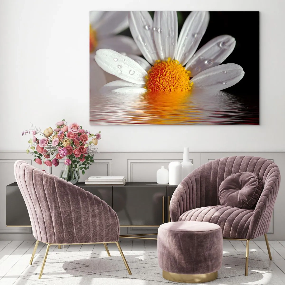 Tablou pe sticlă - margaretă cu picături de apă reflectate în apă - 70x50cm - Răsăritul soarelui al Margaretei - Decorațiune modernă pentru perete pentru living și dormitor ARTTOR